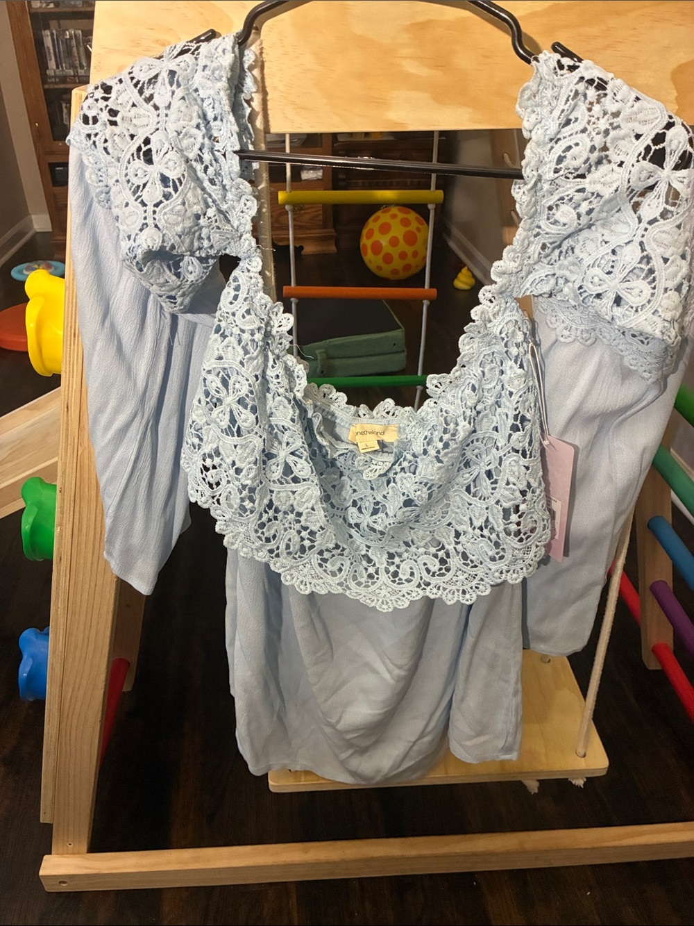 Light Blue Lace-Trim Peasant Blouse